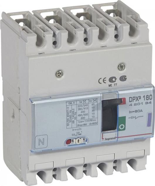 Автомат DPX3 160 TM 4P 80А 50кА регулируем (In x 0.8...1) Legrand, LEGRAND НИСКО НАПРЕЖЕНИЕ, 420134
