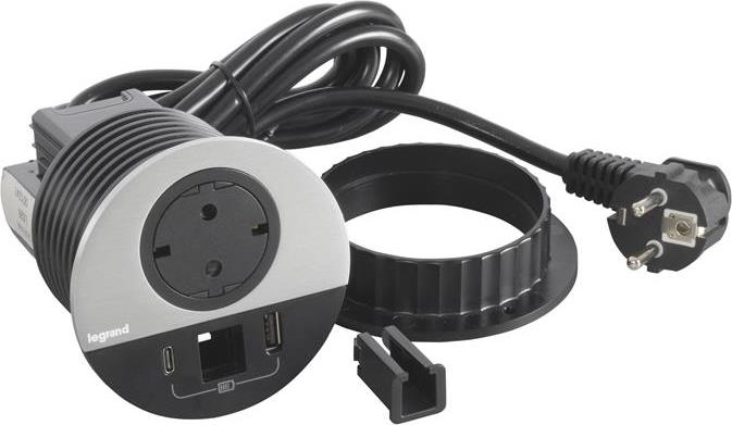 Модул за вграждане в бюро с 1х Шуко и USB тип A+C, кабел 2m, Ø80mm, цвят ЧЕРЕН МЕТАЛ, Incara Disq Legrand, LEGRAND, 654716