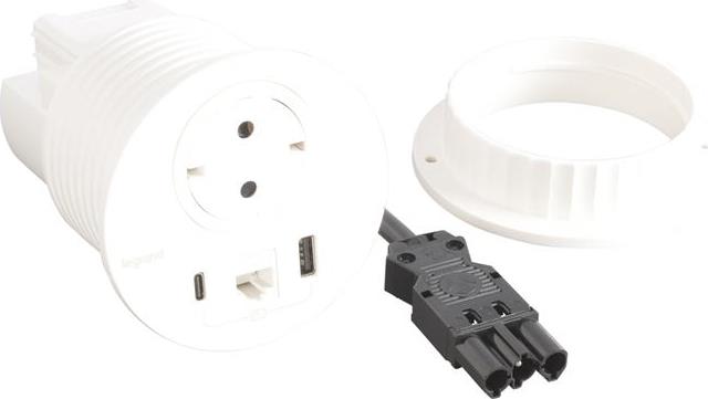 Модул за вграждане в бюро с 1х Шуко, USB тип A+C и 1х RJ45 Cat.6 UTP, GST18, Ø80mm, цвят БЯЛ, Incara Disq Legrand, LEGRAND, 654710F