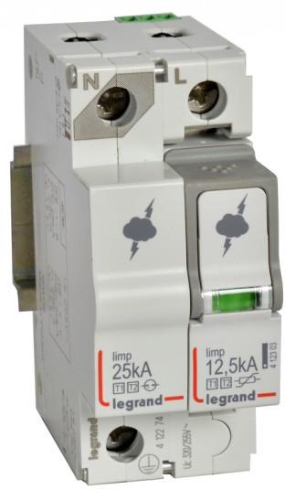 Катоден отводител тип 1+2 SPD 12.5kA 320V 1P+N L с индикация Legrand, LEGRAND НИСКО НАПРЕЖЕНИЕ, 412274