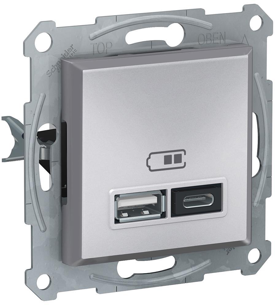 Розетка 2хUSB за зареждане тип A+C 2.4A 12W цвят Алуминий Asfora SE, SCHNEIDER ELECTRIC, EPH2700361