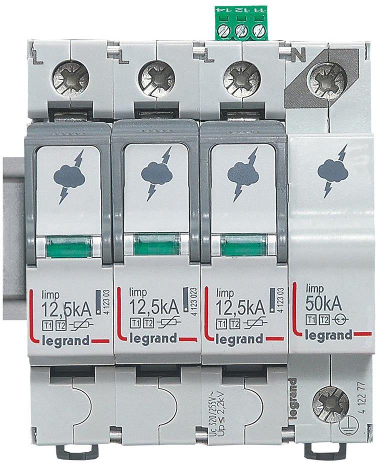 Катоден отводител тип 1+2 SPD 12.5kA 320V 3P+N R с индикация Legrand, LEGRAND НИСКО НАПРЕЖЕНИЕ, 412277