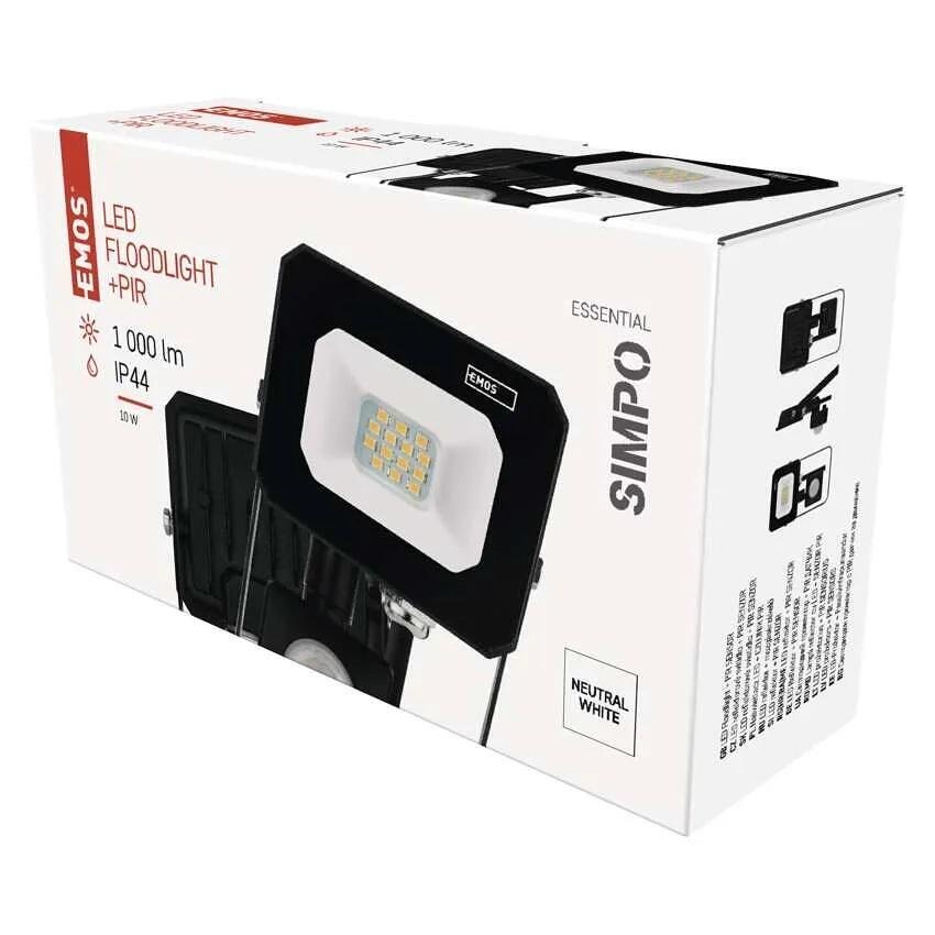 Прожектор LED 10W 4000K 1000lm 120° x 120° 25000h IP44 черен с датчик SIMPO EMOS
