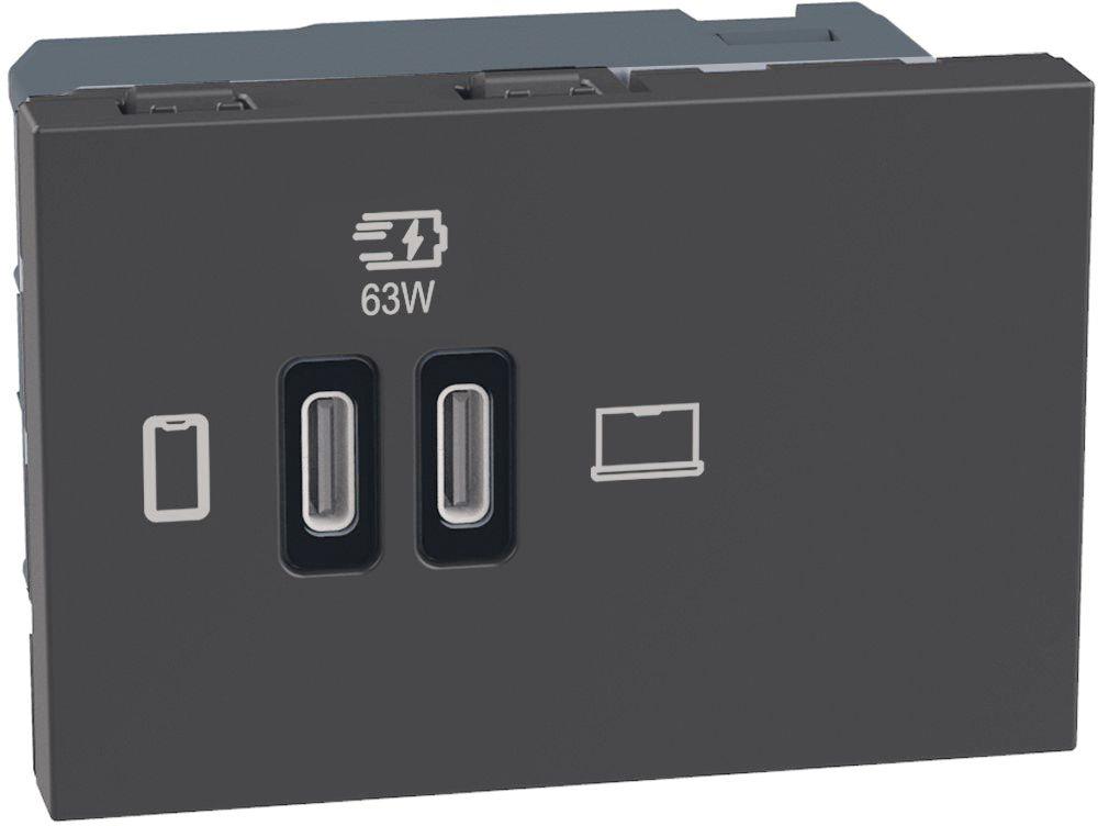 Розетка 2xUSB за зареждане тип C Power Delivery 63W 3 мод. цвят Графит Light Now Bticino, BTICINO, YD4395CC