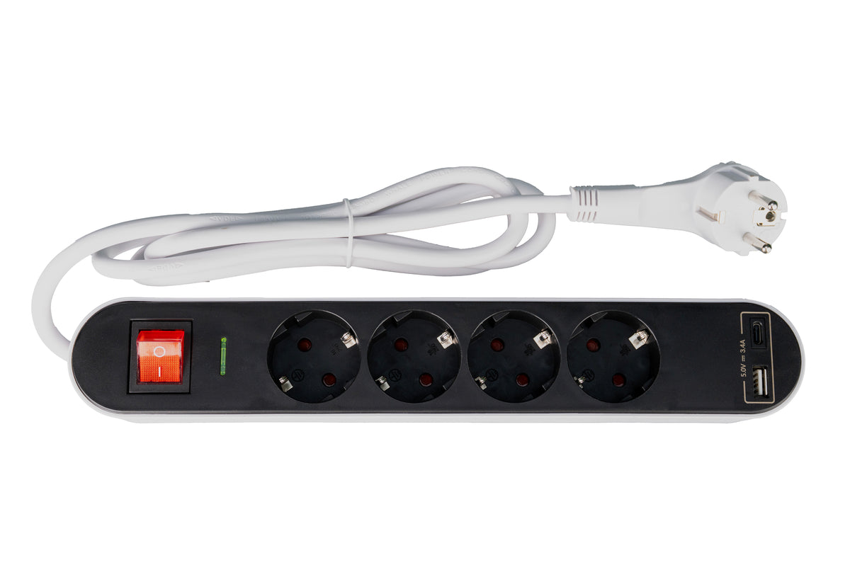 Разклонител с 4 Шуко контакта + USB A + USB C | 1.5 м кабел | Ключ ON/OFF | Модерен разклонител за дом и офис