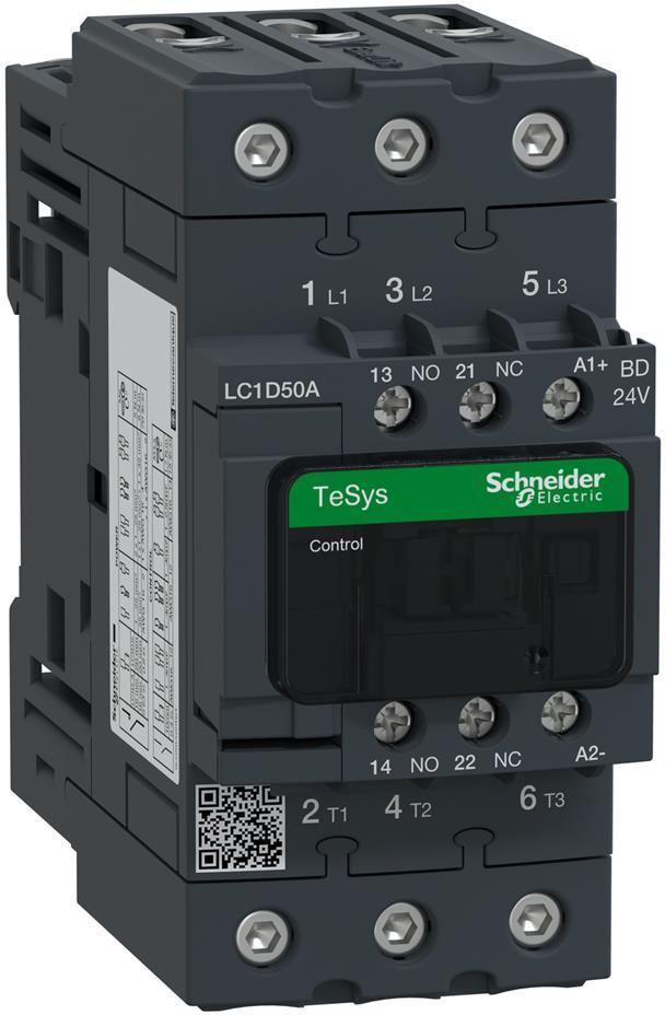 Контактор TeSys D 3P 22kW (50A AC-3) 1NO-1NC 24V DC EverLink SE, SCHNEIDER ELECTRIC НИСКО НАПРЕЖЕНИЕ, LC1D50ABD