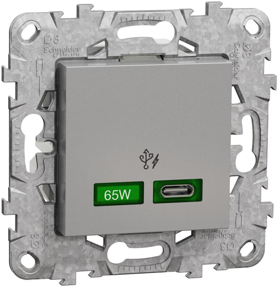 Розетка USB за зареждане тип C Power Delivery 65W с носеща рамка 2 мод. цвят Алуминий Unica SE, SCHNEIDER ELECTRIC, NU501430