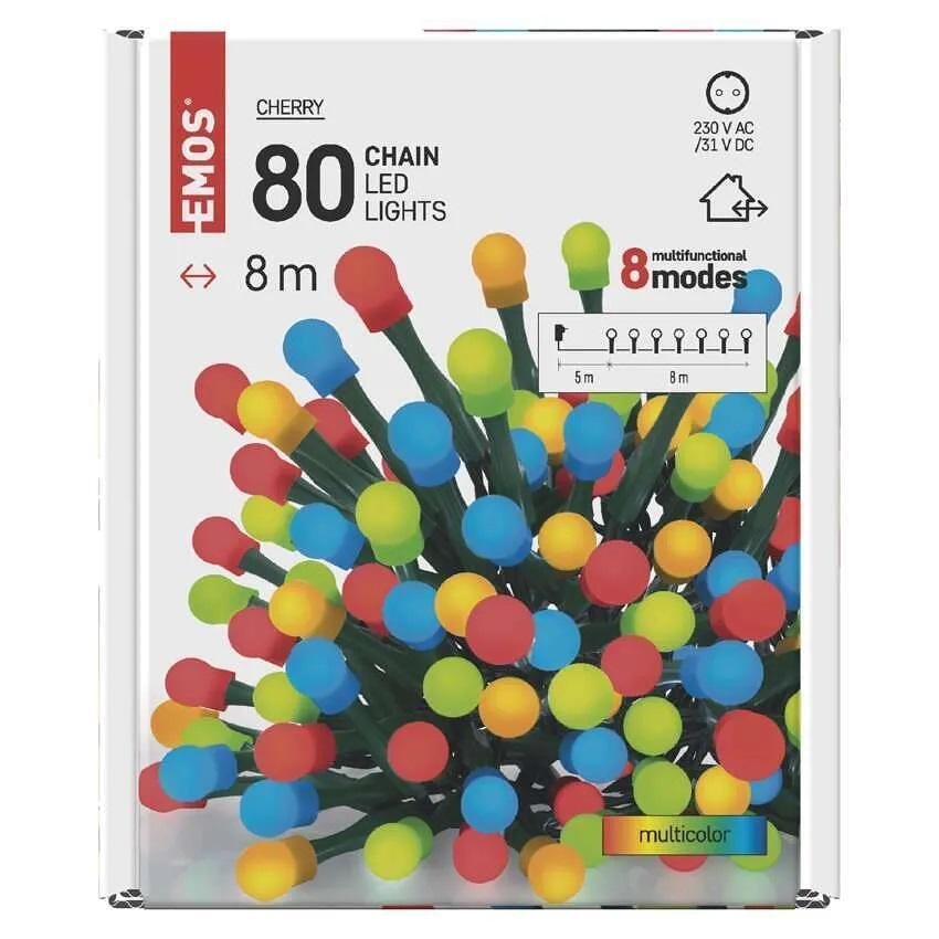Комплект коледни лампички 80x LED многоцветни 8м IP44 с 8 програми CHERRY EMOS - D5AM05