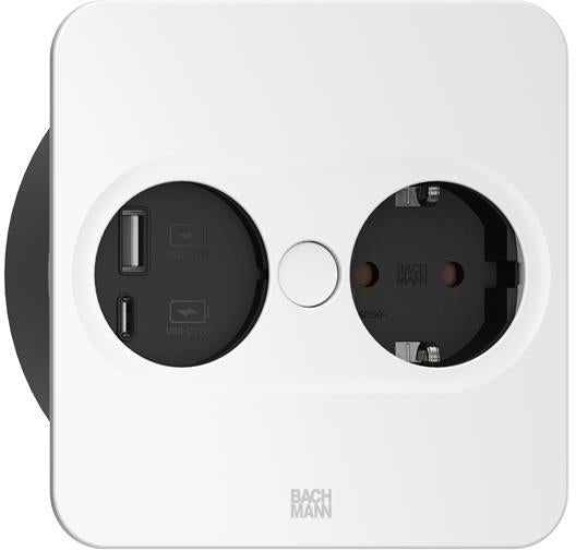 Модул TWIST 2 КВАДРАТЕН с 1х Шуко и USB тип A+C, с кабел 2м, цвят Бял, Bachmann, BACHMANN, B946.205