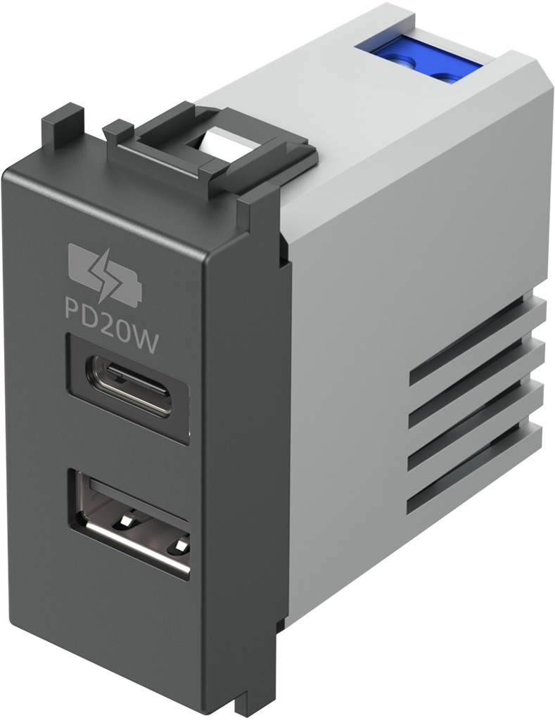 Розетка 2хUSB за зареждане тип A+C Power Delivery 20W 1 мод. цвят Антрацит Modul TEM, EM69AT
