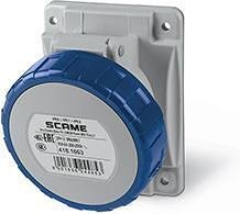 Промишлен контакт 2P+Е 16A 200-250V IP66, 6h серия Optima панелен монтаж 70x87мм Scame 418.1663 син/сив