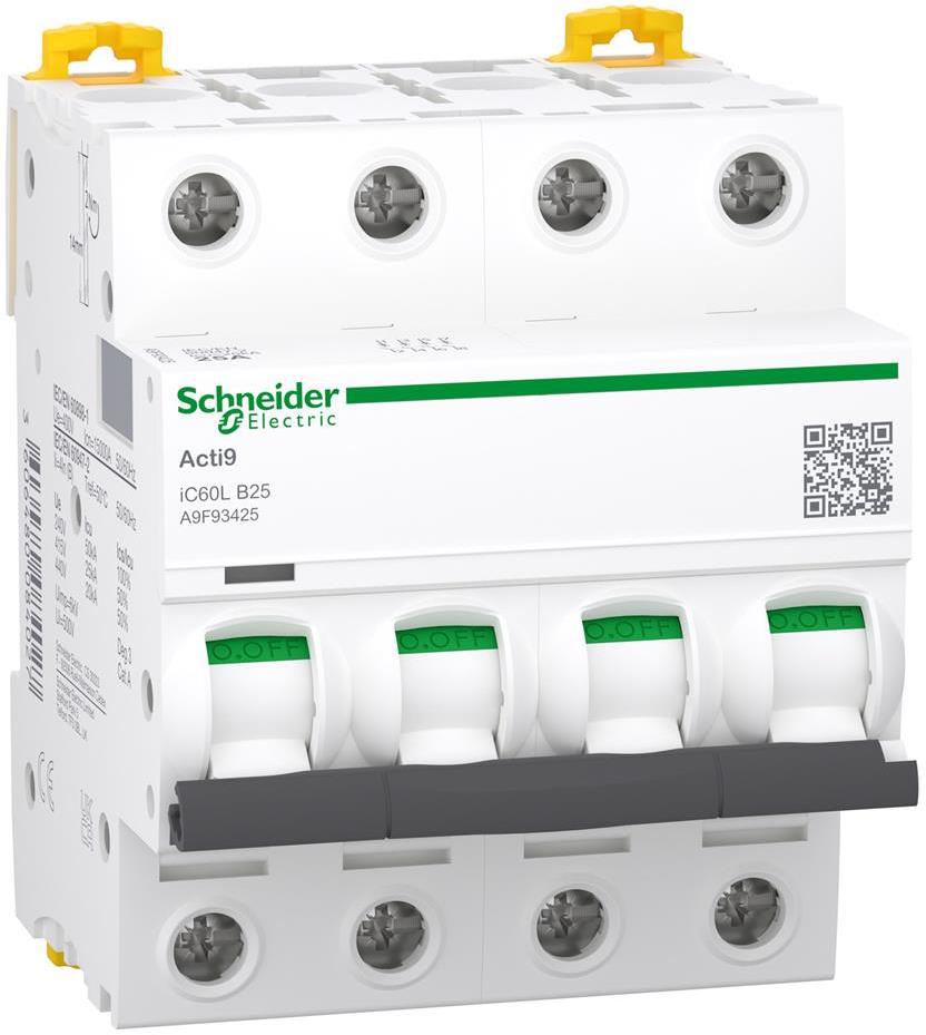 Автоматичен прекъсвач Acti 9 iC60L 4P 25A крива B 15kA SE, SCHNEIDER ELECTRIC НИСКО НАПРЕЖЕНИЕ, A9F93425