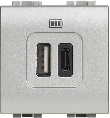 Розетка 2xUSB за зареждане тип A+C 3A 15W 2 мод. цвят Алуминий LL Bticino, BTICINO, NT4287C2