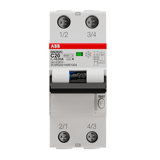 ДТЗ комбинирана DS202C 2P 20A крива C 30mA тип A 6kA 2 мод. ABB /до изчерпване/