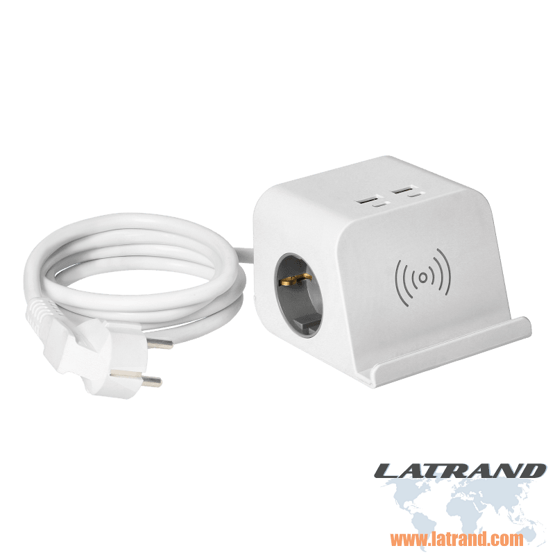 Настолен разклонител с безжично зарядно, 4 USB порта и два броя шуко, ORNO, OR-AE-13249(GS)/W