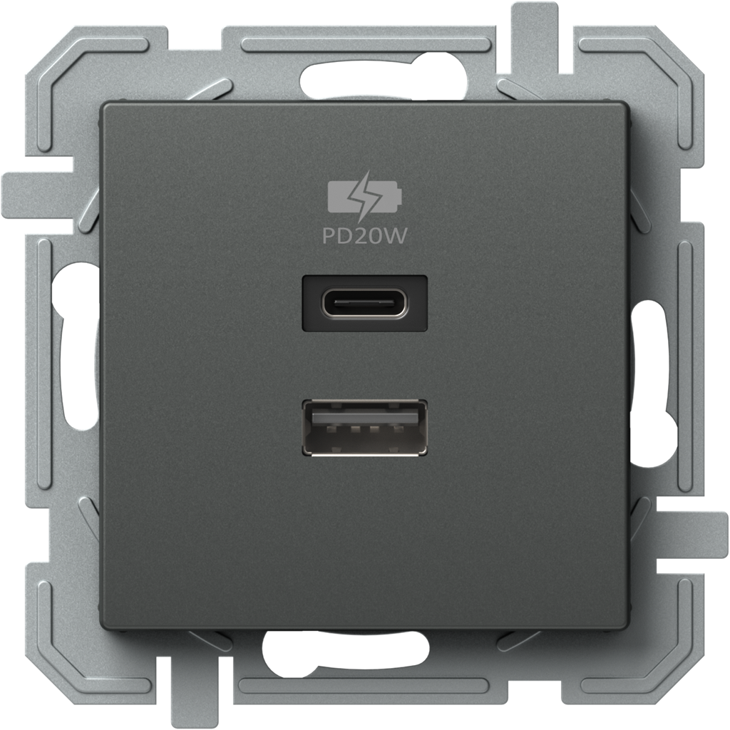 Розетка 2хUSB за зареждане тип A+C Power Delivery 20W цвят Антрацит Logiq TEM, EQ69ATXO