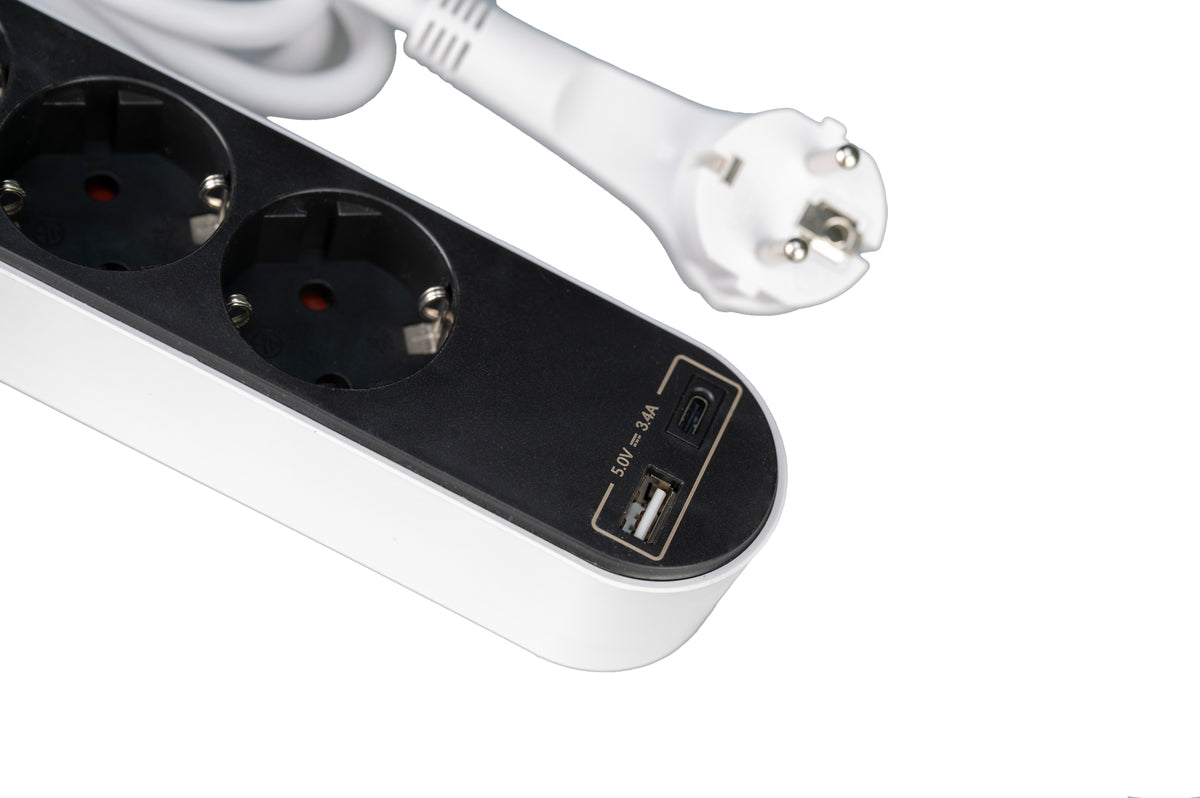 Разклонител с 4 Шуко контакта + USB A + USB C | 1.5 м кабел | Ключ ON/OFF | Модерен разклонител за дом и офис