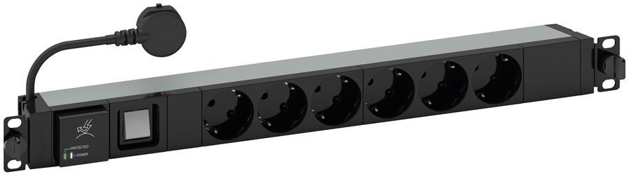 Разклонител PDU 19" 1U 6x ШУКО, с ключ и сменяем SPD арестор, кабел 3м и щепсел универсален 16A, Legrand, LEGRAND, 646836