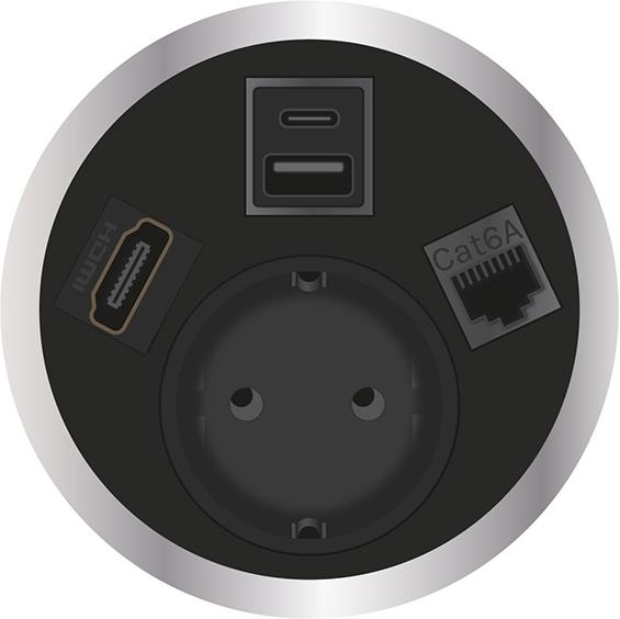 Модул Port El с 1х Шуко, USB тип A+C, RJ45 Cat.6A и HDMI, цвят Черен, ABL, ABL Сърбия, 2F20F1B7