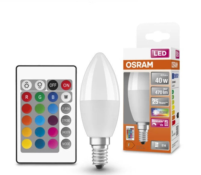 LED ЛАМПА В КУТИЯ CLB40 RGB REM 4.9W/827 230V FR E14 LEDVANCE