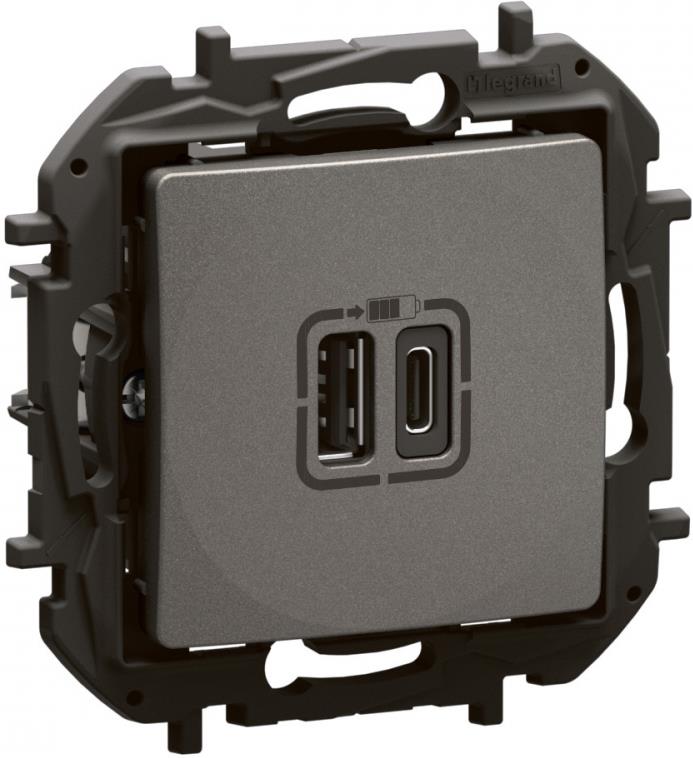 Розетка 2хUSB за зареждане тип A+C 3A 15W цвят Сив Niloe New Legrand, LEGRAND, NP3403MG