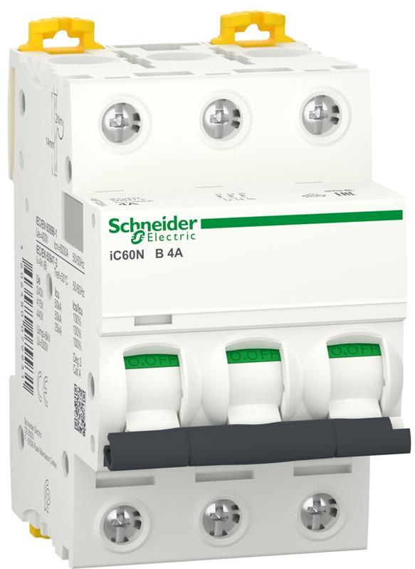 Автоматичен прекъсвач Acti 9 iC60N 3P 4A крива B 6kA SE, SCHNEIDER ELECTRIC НИСКО НАПРЕЖЕНИЕ, A9F73304