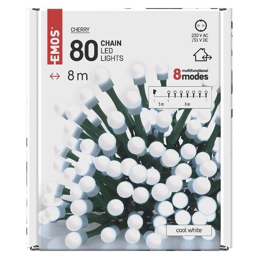 Комплект коледни лампички 80x LED студена светлина 8м IP44 с 8 програми CHERRY EMOS - D5AC06