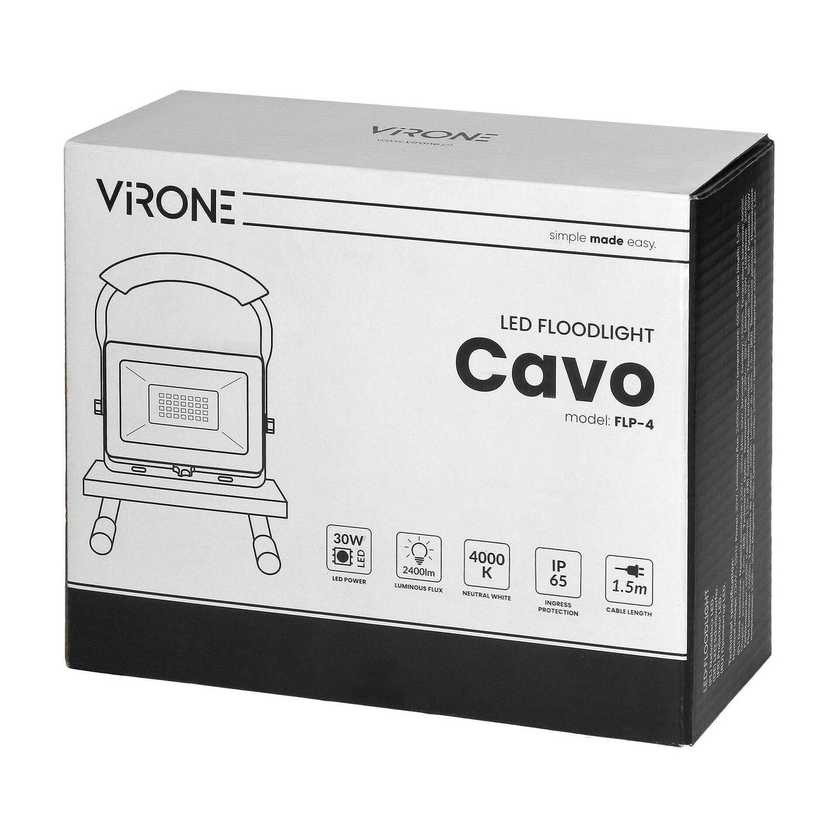 Преносим LED прожектор CAVO 30W, на стойка, 2100 lm, IP44, 4000K, с 1,5 m кабел - FLP-4, VIRONE