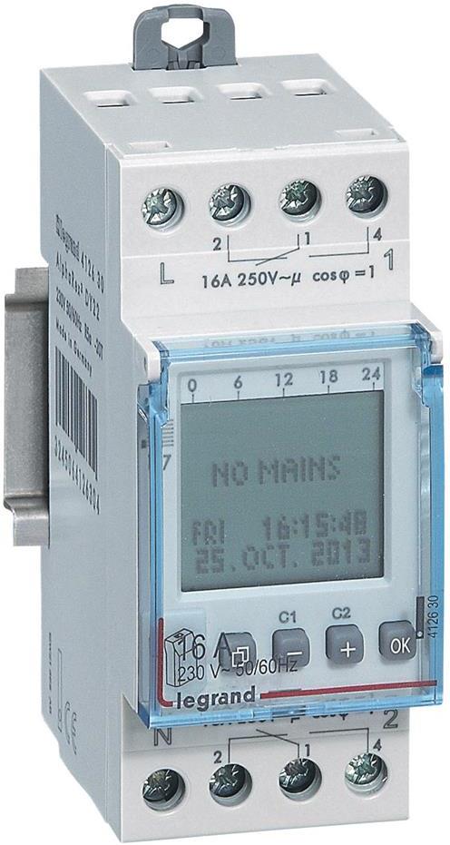 Реле за време, астрономично годишно, с LCD дисплей, 168x 1s, 2c/o 16A, 230Vac 2 модула Legrand, LEGRAND НИСКО НАПРЕЖЕНИЕ, 412630