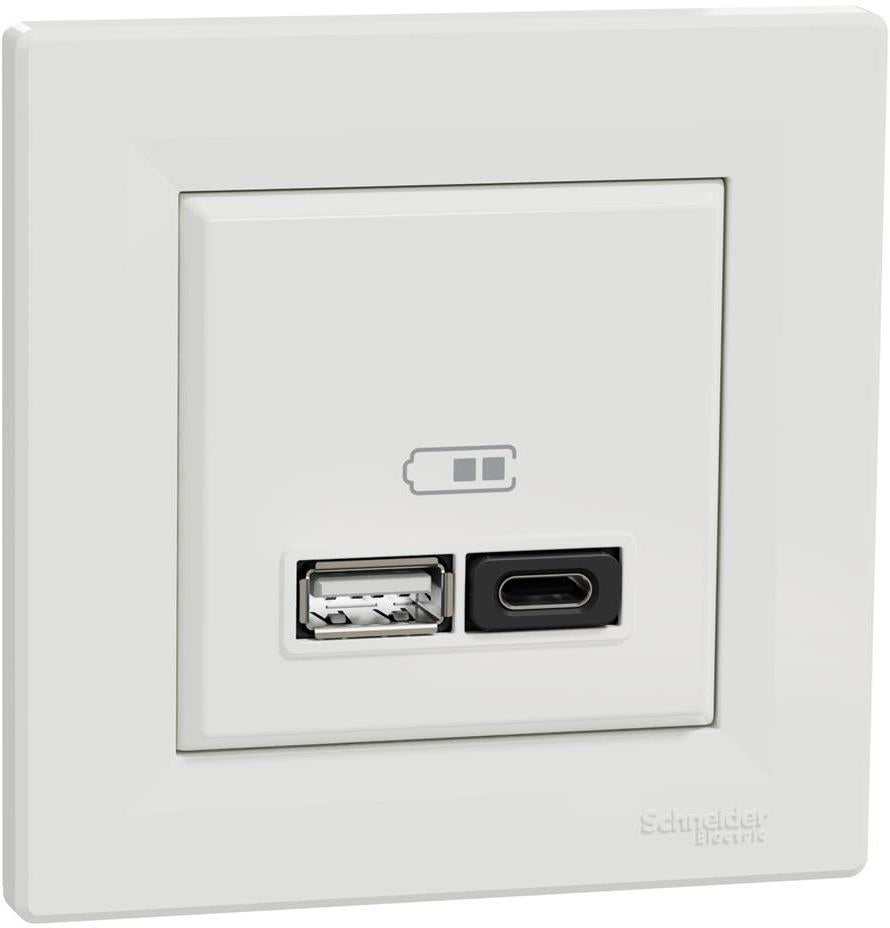 Розетка 2хUSB за зареждане тип A+C Power Delivery 45W моноблок цвят Бял Asfora SE, SCHNEIDER ELECTRIC, EPH2700421
