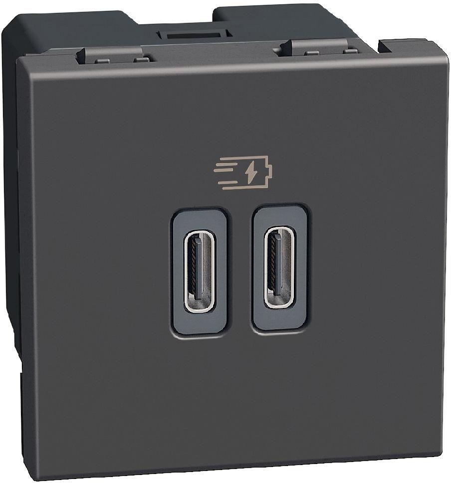 Розетка 2xUSB за зареждане тип C+C 3A 30W 2 мод. цвят Графит Light Now Bticino, BTICINO, YD4293CC