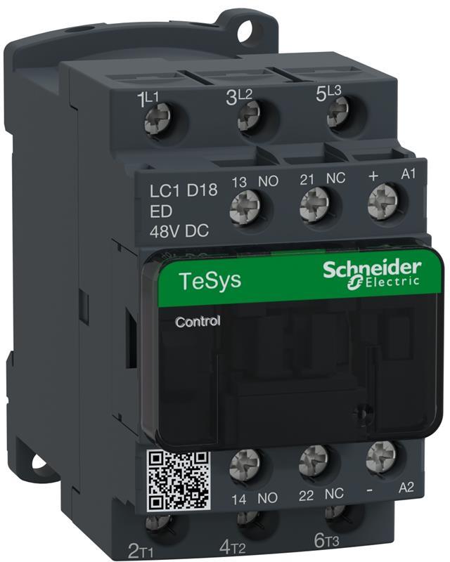 Контактор TeSys D 3P 7.5kW (18A AC-3) 1NO-1NC 48V DC SE, SCHNEIDER ELECTRIC НИСКО НАПРЕЖЕНИЕ, LC1D18ED