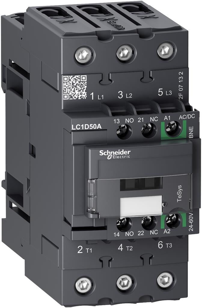 Контактор TeSys D 3P 22kW (50A AC-3) 1NO-1NC 24…60V DC EverLink SE, SCHNEIDER ELECTRIC НИСКО НАПРЕЖЕНИЕ, LC1D50ABNE