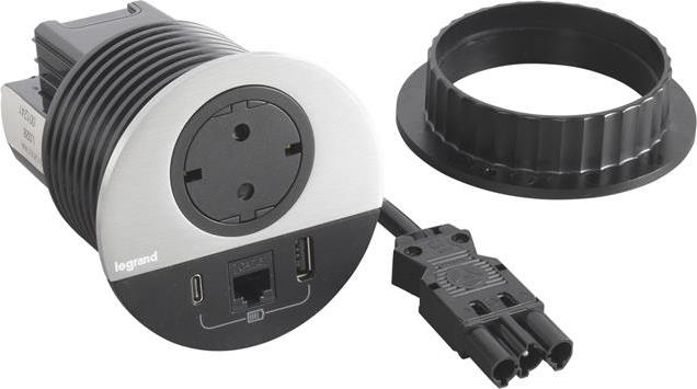 Модул за вграждане в бюро с 1х Шуко, USB тип A+C и 1х RJ45 Cat.6 UTP, GST18, Ø80mm, цвят ЧЕРЕН МЕТАЛ, Incara Disq Legrand, LEGRAND, 654712F