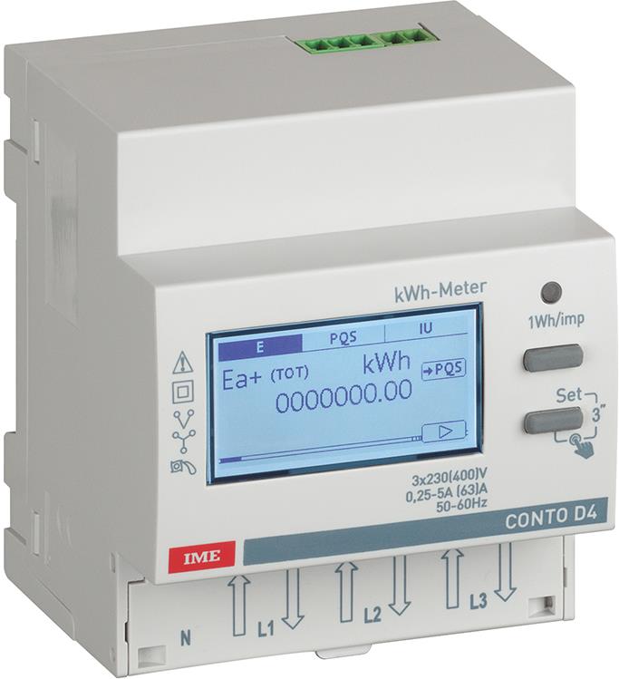 Трифазен електромер за ДИРЕКТНО мерене на ел. енергия Conto D4-Pd, Modbus, 2 тарифи, за DIN монтаж 4 мод, 63A, MID IME, LEGRAND НИСКО НАПРЕЖЕНИЕ, CE4DF3DTMID