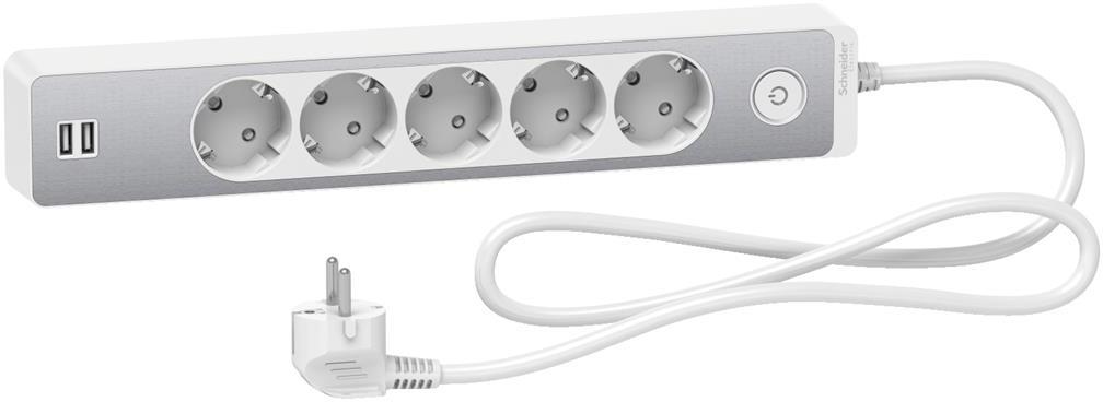 Разклонител бял/алуминий 5 гнезда, 2xUSB 1.5 метра /1.5mm2 и ключ серия UNICA SE, SCHNEIDER ELECTRIC, ST945U1WA
