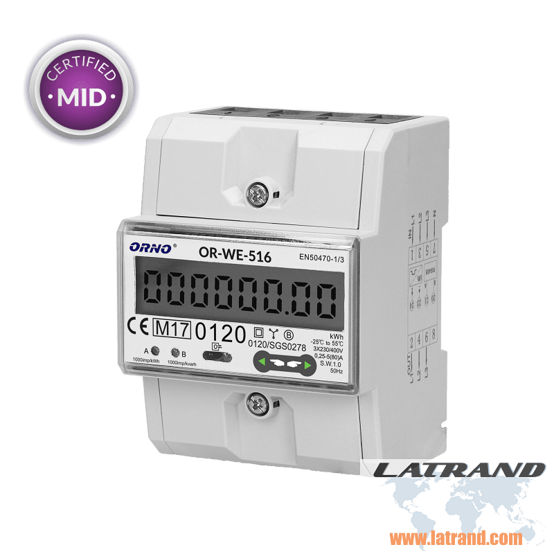 Трифазен електромер за ДИРЕКТНО мерене на ел. енергия, Modbus, еднотарифен - OR-WE-516