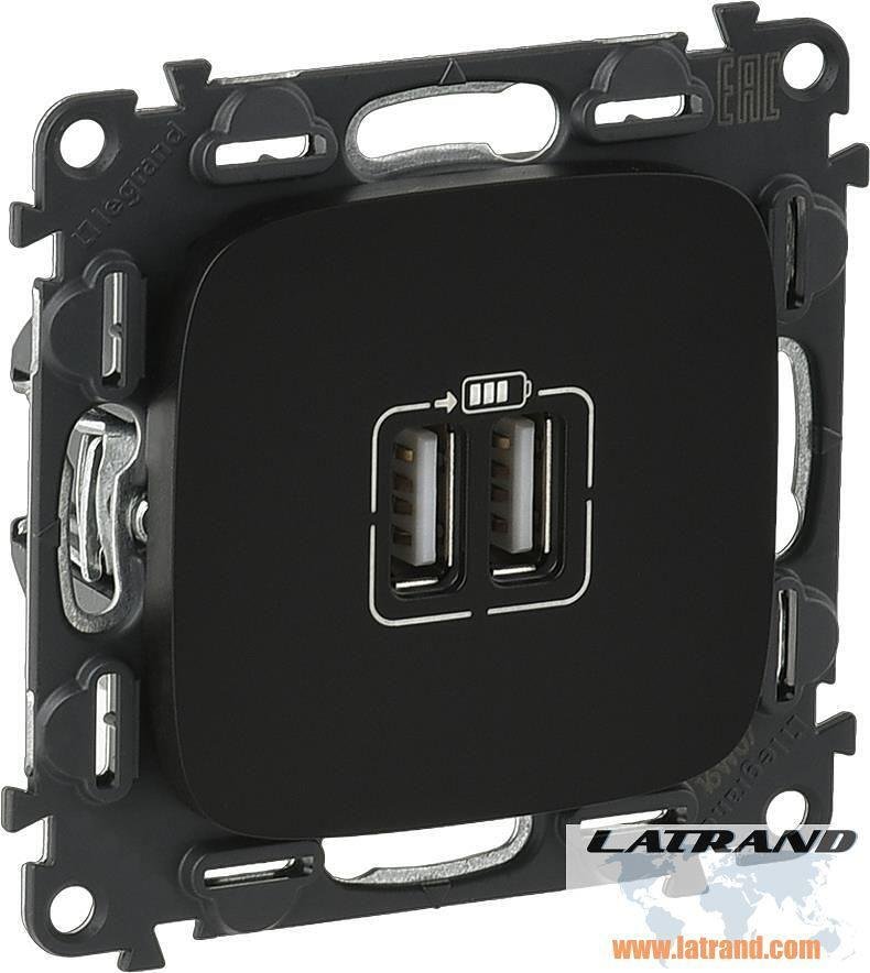 Розетка 2хUSB за зареждане тип A 5V 2.4A 12W цвят Черно Valena Allure (комплект с механизъм) Legrand - 754998