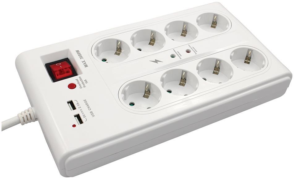 Разклонител с копче БЯЛ 8x2P+E с 2xUSB тип А и гръмозащита, с кабел 3 метра / 1.5mm2 Commel, COMMEL, C380-107