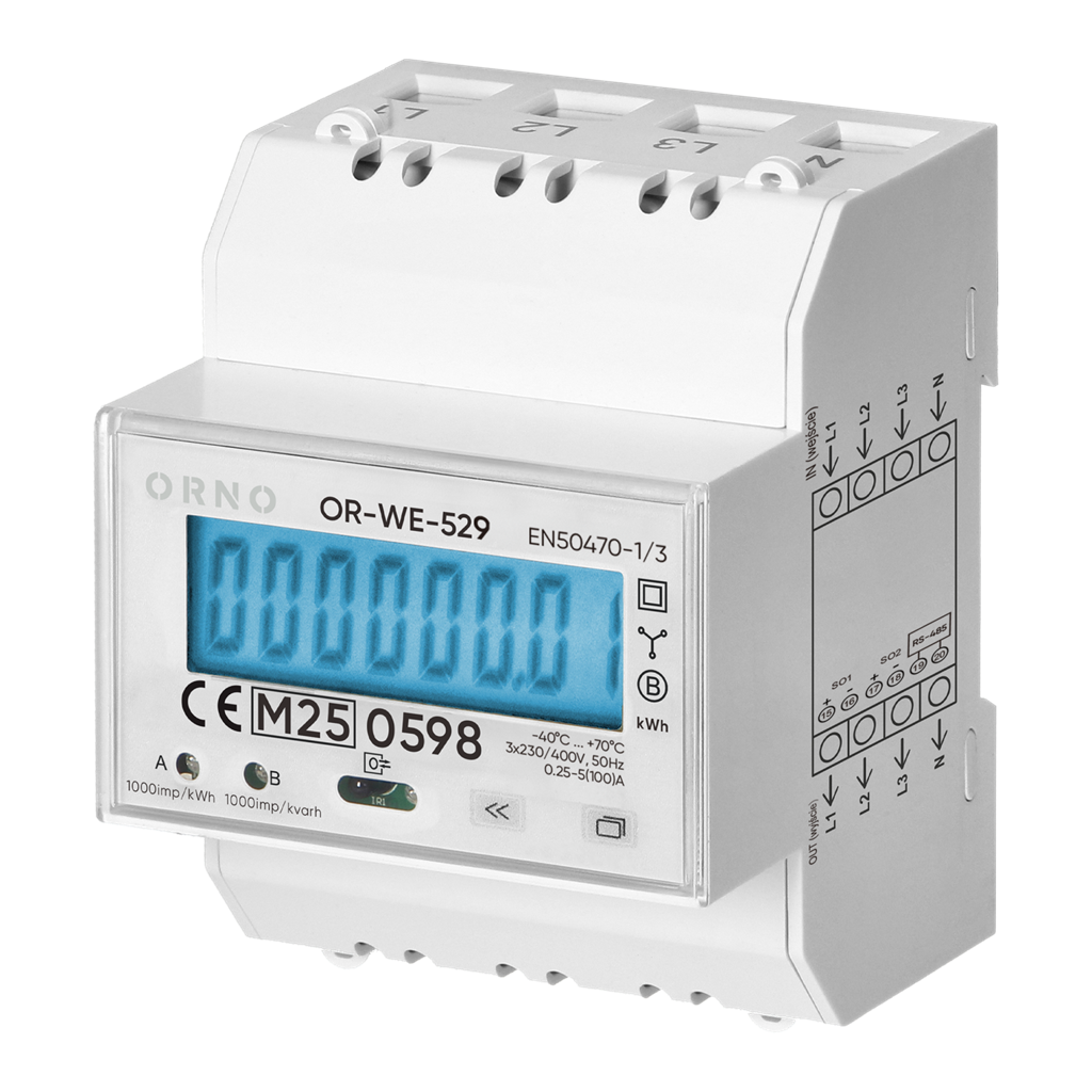 Трифазен електромер за ДИРЕКТНО мерене на ел. енергия, Modbus, еднотарифен, за DIN монтаж 4.3 мод, 100A, MID ORNO, OR-WE-529