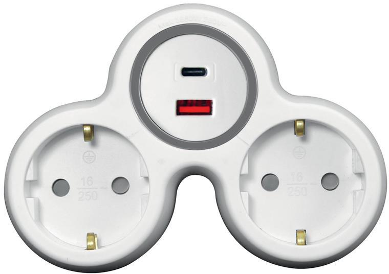 Адаптер за контакт бял с USB A+C 2 х шуко Commel, COMMEL, C240-802