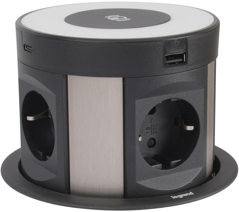 Мебелна колона Pop-Up, с контакти 4х шуко, 2х USB тип A+C, индуктивно зарядно 10W, кабел 2m, Ø120mm, Incara Tower Legrand, LEGRAND, 654983