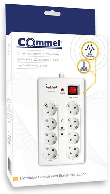 Разклонител с копче БЯЛ 8x2P+E с 2xUSB тип А и гръмозащита, с кабел 3 метра / 1.5mm2 Commel, COMMEL, C380-107