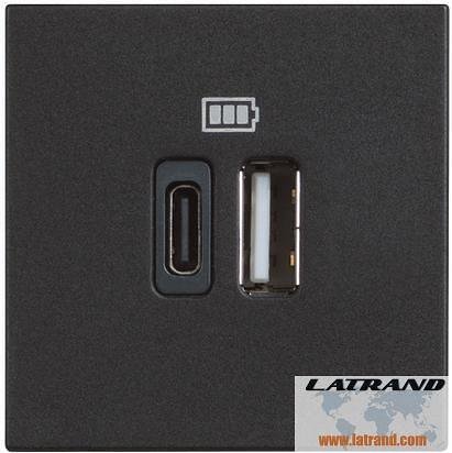 Розетка 2xUSB за зареждане тип A+C 5V 3A 2 мод. 2 мод. цвят Черен Classia Bticino - RG4287C2