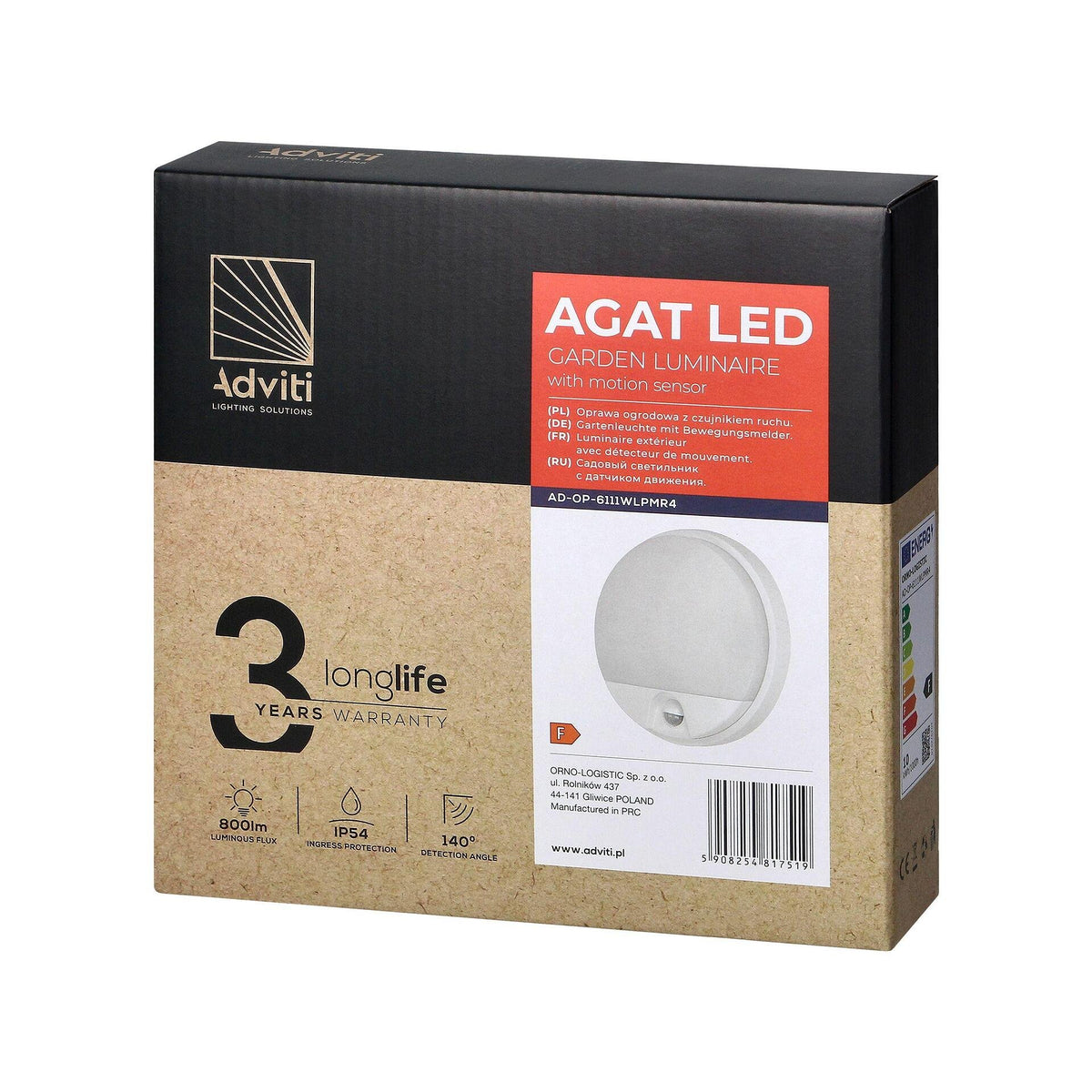 AGAT LED 10W, градинско осветително тяло със сензор за движение 140°, 800lm, IP54, 4000K, бяло - AD-OP-6111WLPMR4, ADVITI