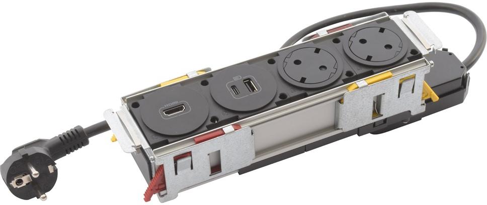 Мебелна кутия с 2х Шуко, USB тип A+C и HDMI, кабел 2m, 252x80mm, цвят ЧЕРЕН, Incara Disq'In Legrand, LEGRAND, 654751