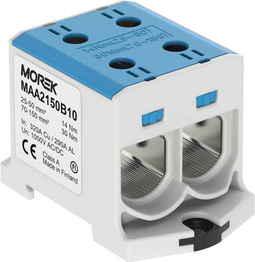 Тунелна клема СИНЯ 1P 320A с 4 отвора OTL150-2 2xAl/Cu 25-150mm² 1000V MOREK, MAA2150B10