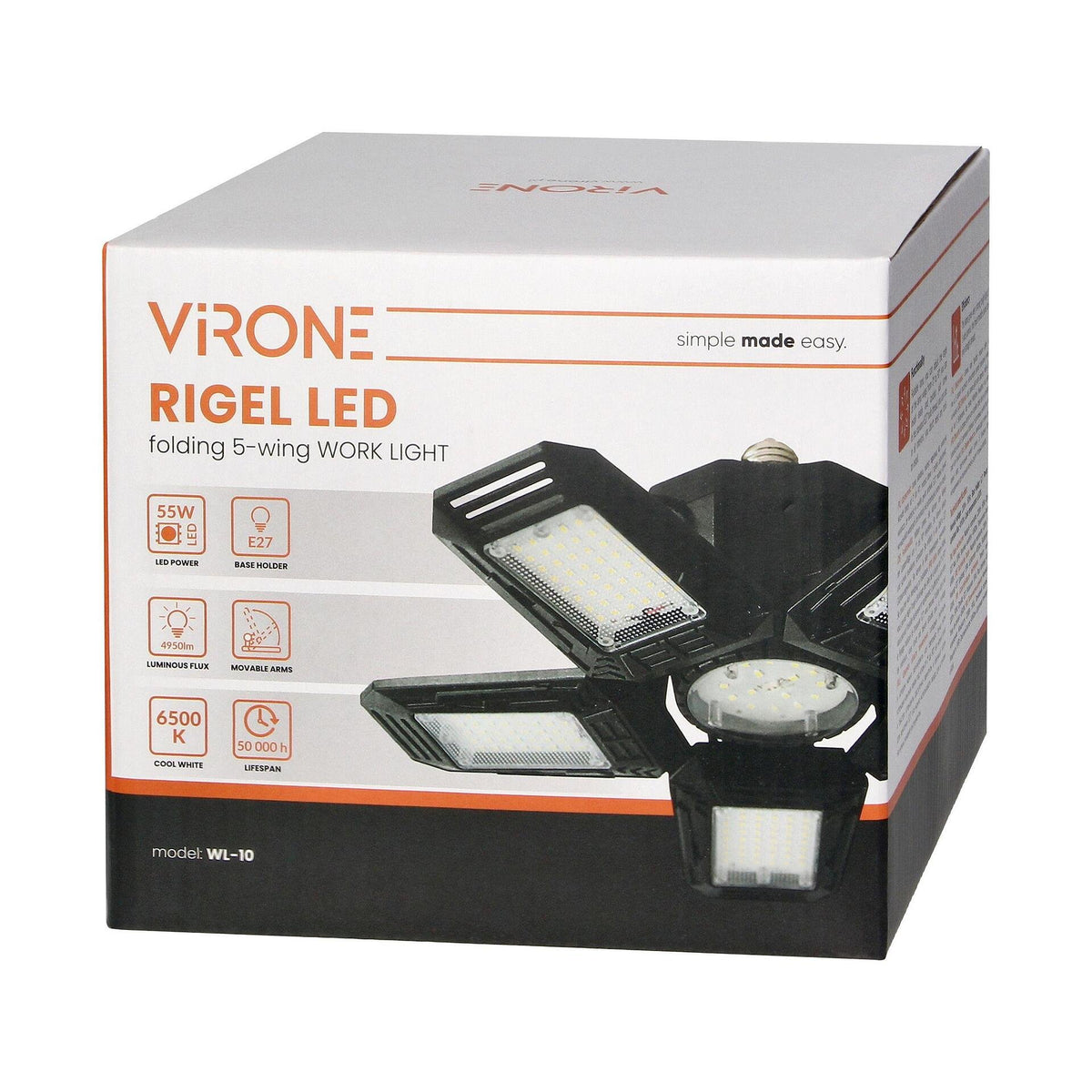 Работна лампа RIGEL LED 5-крилна сгъваема лампа за работилница, E27 55W, 6500К, 4950lm - WL-10, VIRONE