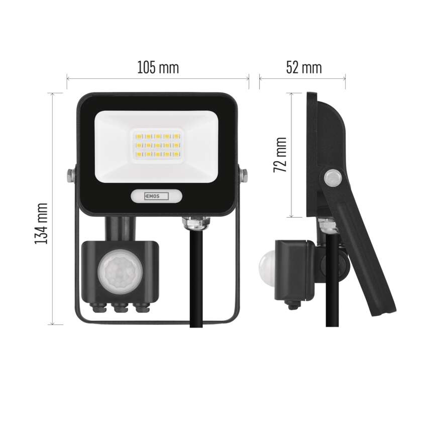 Прожектор LED 10W 4000K 1000lm 120° x 120° 20000h IP65 черен с датчик GLARO EMOS, ZS2314B