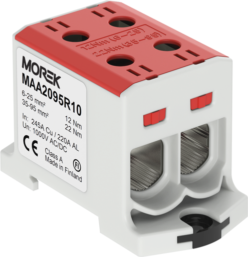 Тунелна клема ЧЕРВЕНА 1P 245A с 4 отвора OTL95-2 2xAl/Cu 6-95mm² 1000V MOREK, MAA2095R10